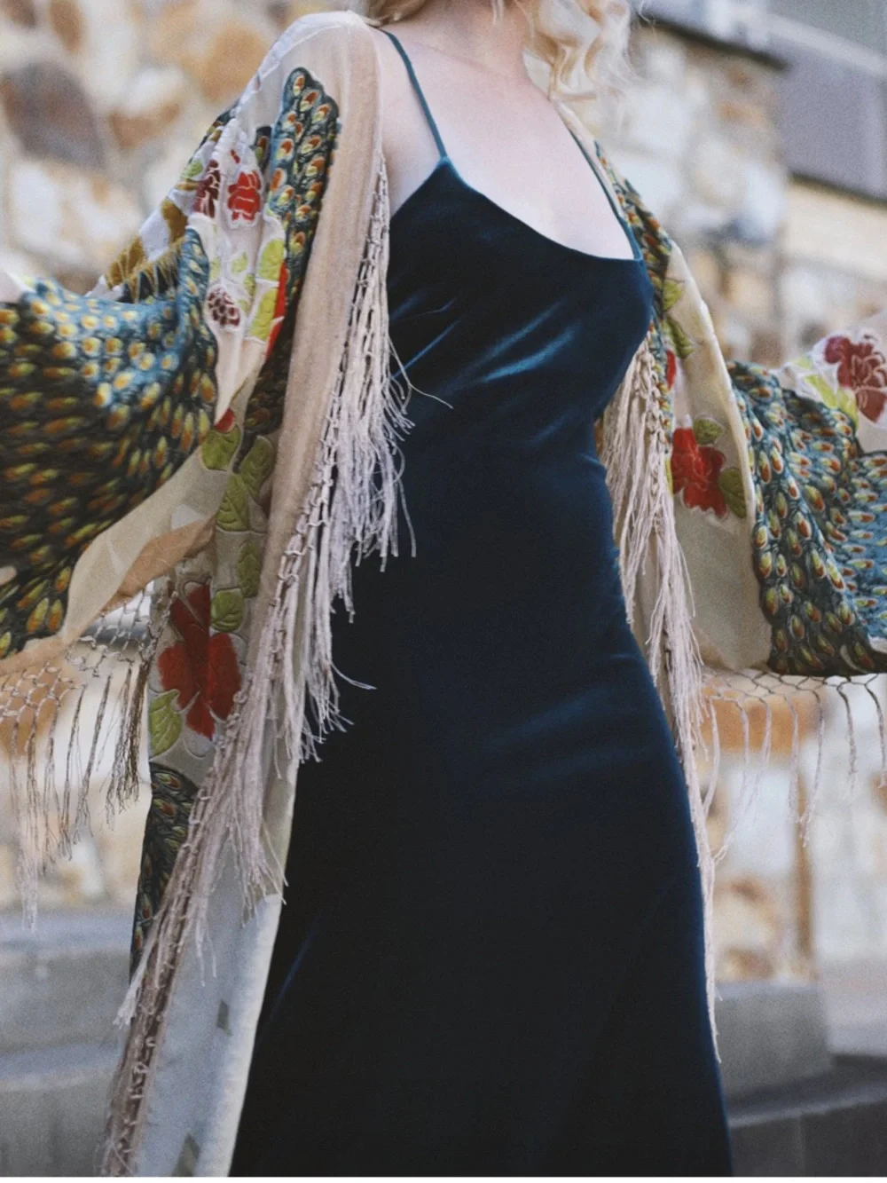 Peacock Burnout Velvet Fringe Kimono Robe Boho Festival BeigeTeal Silk Duster OS - Picture 13 of 14